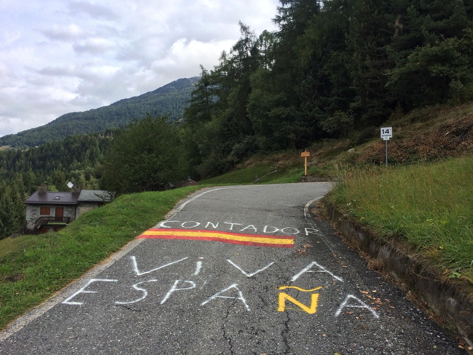 Above: Photo I took when climbing the Mortirolo showing Contador’s name written on the road from the previous Giro