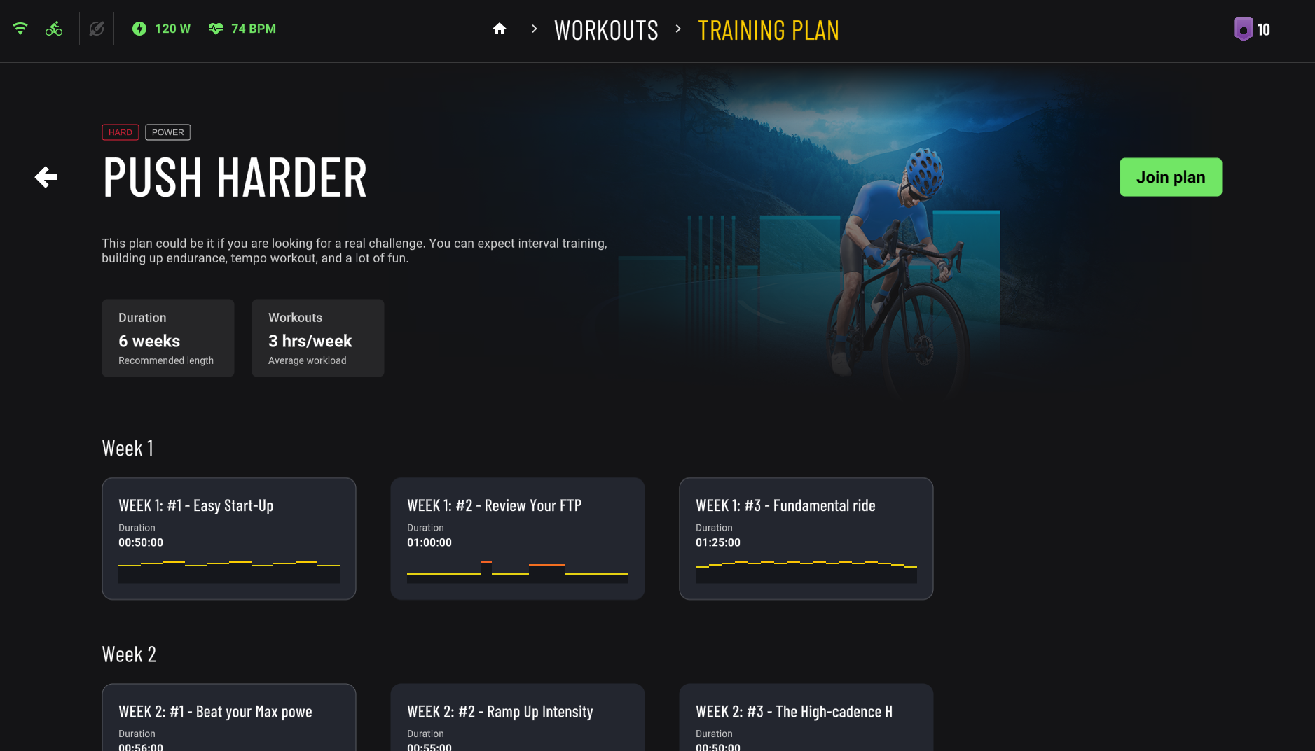 Push harder training plan in the ROUVY app
