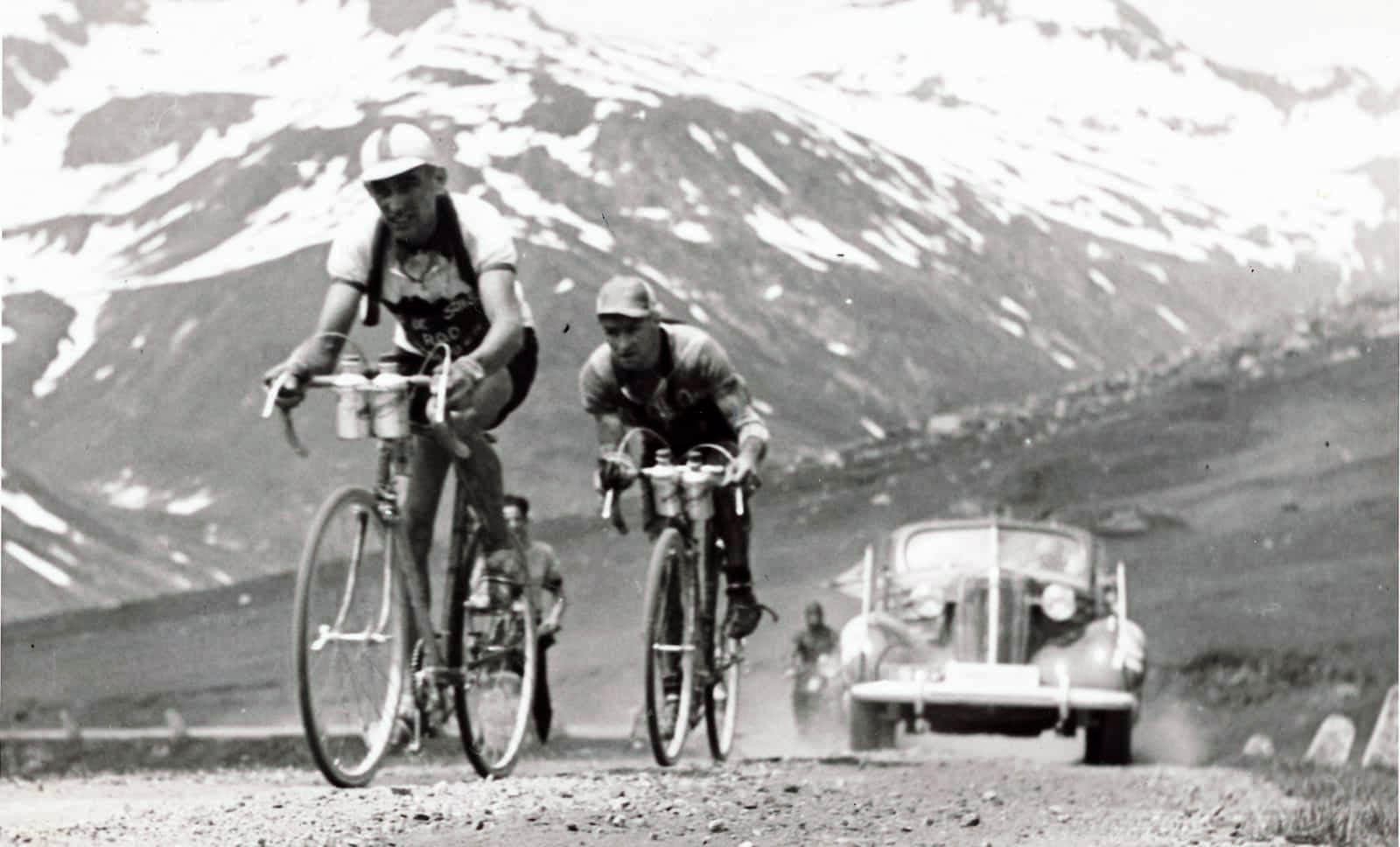 Scene taken from the original Tour de Suisse in 1933 on gravel roads during WW2