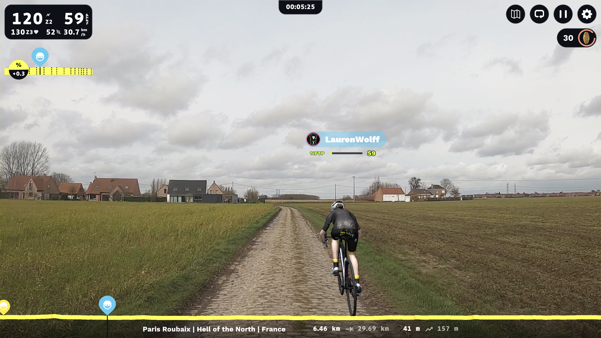 The cobbles in the open and exposed French countryside in the Paris Roubaix Hell of the North on ROUVY
