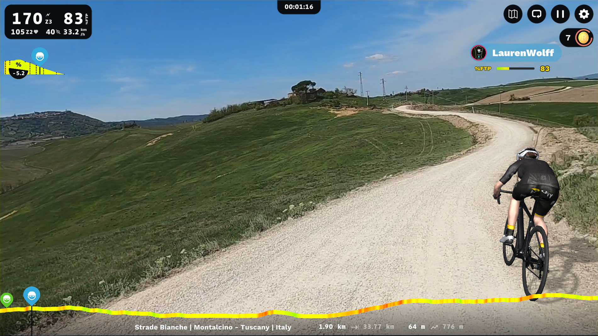 Tackling the technical, hilly and dusty gravel roads of Strade Bianche on the ROUVY app