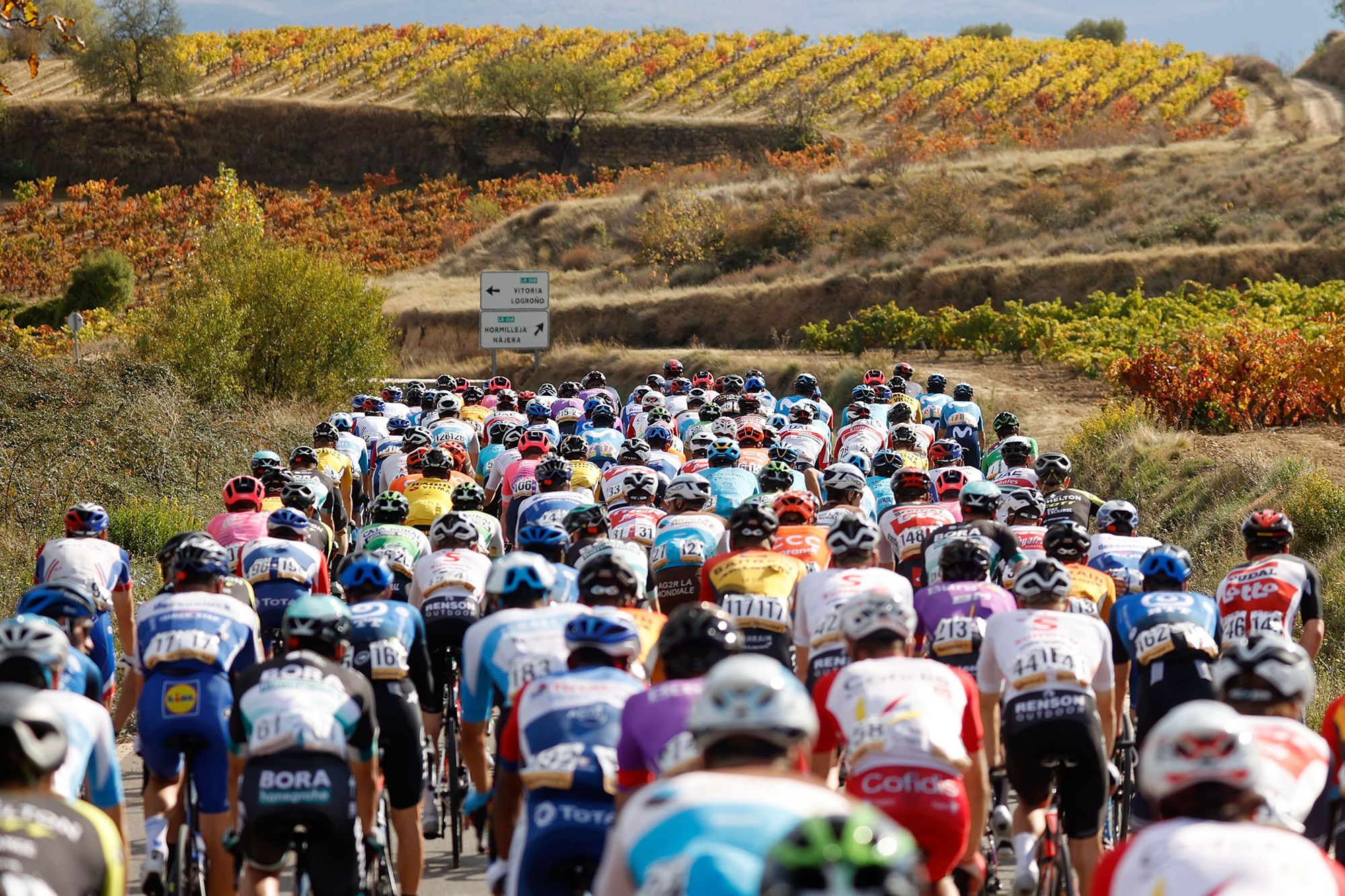The peloton makes its way over the rolling and rural Spanish countryside